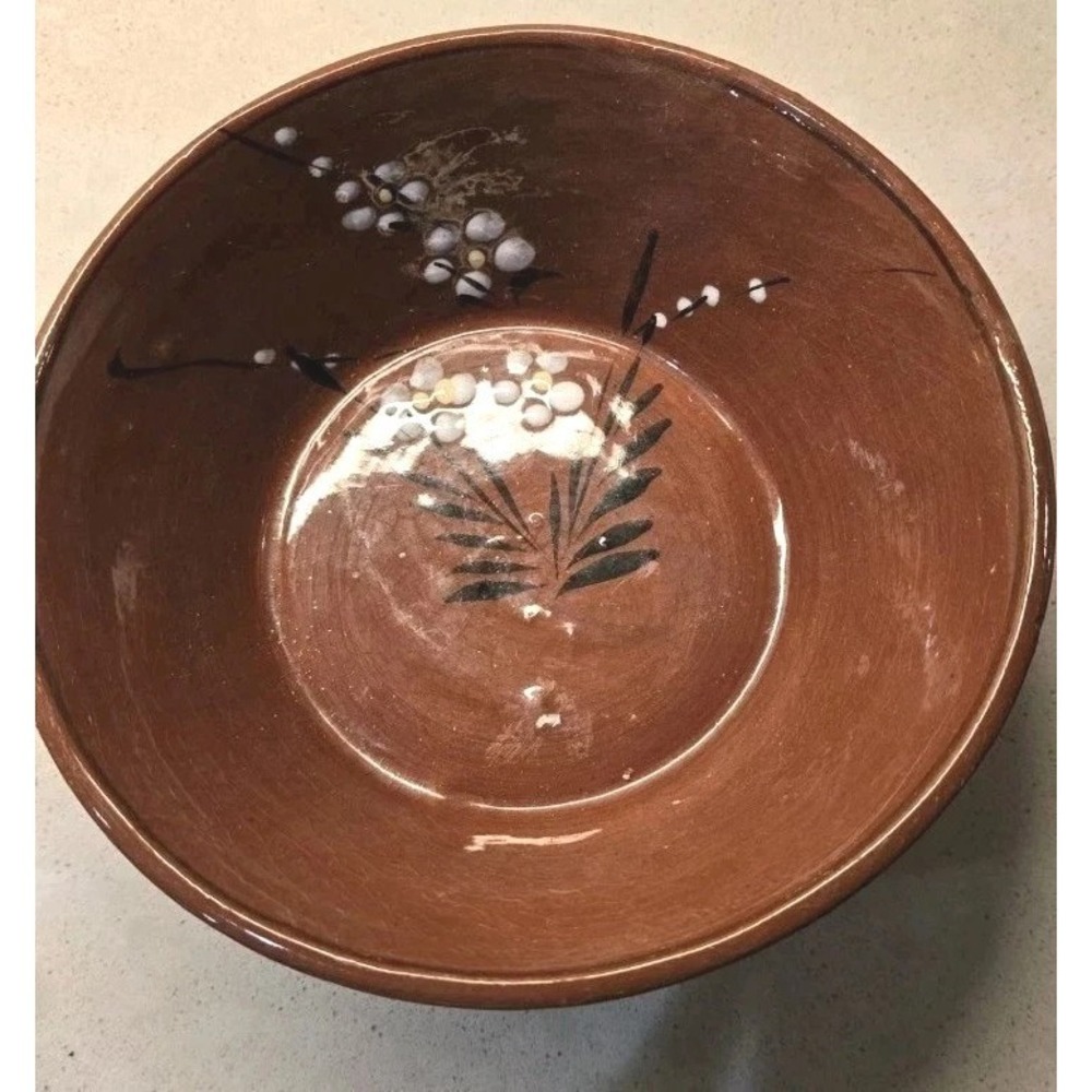 7.25" Round Unglazed Red Terra-Cotta Clay Art Bowl handpainted flowers bowl